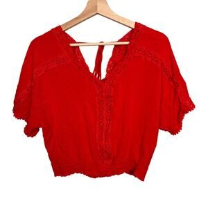 Rose and Grey Large Red‎ Lacy Inset Bohemian Festival Top Short V-Neck